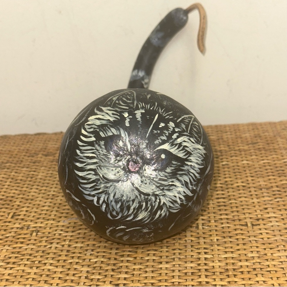 Vintage Hand Made Hand Carved Cat Gourd Rattle Ritual Music Ceremony Black